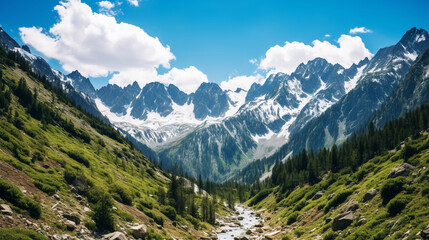Fototapeta na wymiar A serene view of snow-capped mountains towering above a peaceful alpine valley Generative AI