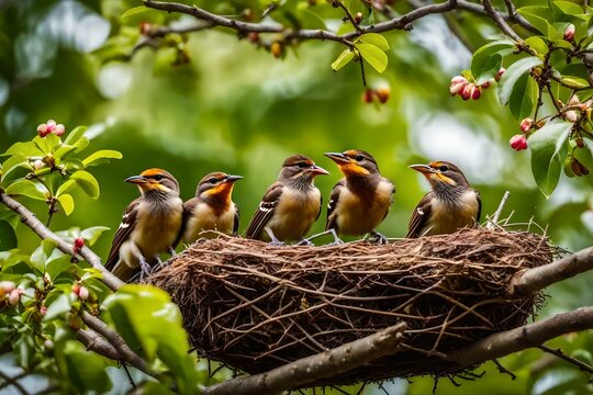 Group of hungry baby birds sitting in their nest on blooming tree waiting for feeding.