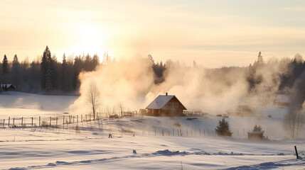 A serene view of a tranquil countryside covered in a blanket of snow, with smoke rising from cozy cottages Generative AI