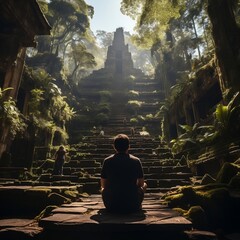 A traveler sitting on the steps of an ancient temple, gazing at the historical architecture generative ai