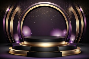 Luxury stage background with shimmering lights, golden-purple hues, and a black podium. Perfect for weddings, engagements, and ceremonies. Generative AI