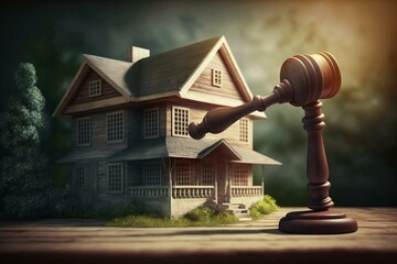A concept of auctioning a house in a legal way using gavel hammer, with focus on real estate, taxes, profits, and education. Generative AI