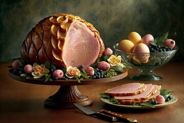 Fruit and herb adorned sliced Easter ham on table. Generative AI