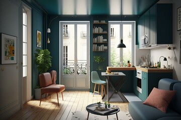 Compact and stylish Parisian studio with smart furnishings to optimize space. Generative AI - obrazy, fototapety, plakaty