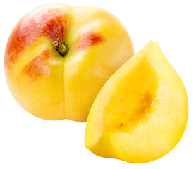 Naklejka na ściany i meble Yellow Peach fruit with leaf isolated on white background, Fresh Peach on White Background PNG File.