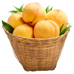 Yellow Peach fruit with leaf isolated on white background, Fresh Peach on White Background PNG File.