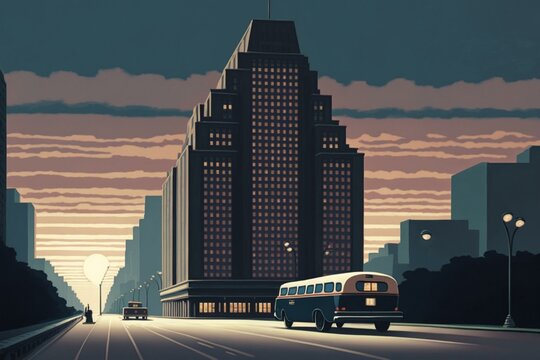 A tall building-lined road at dusk with a limousine. Generative AI