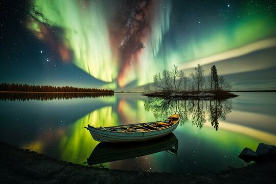 Experience the stunning beauty of aurora and lake in our photos. Generative AI