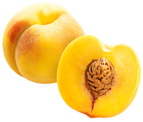 Yellow Peach fruit with leaf isolated on white background, Fresh Peach on White Background PNG File.