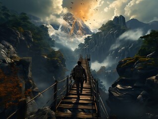 An adventurer crossing a suspension bridge over a roaring waterfall generative ai