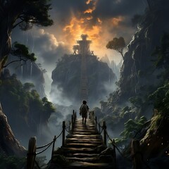 An adventurer crossing a suspension bridge over a roaring waterfall generative ai - obrazy, fototapety, plakaty