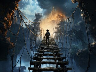 An adventurer crossing a suspension bridge over a roaring waterfall generative ai