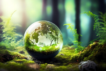 Obraz na płótnie Canvas Glass globe in the forest. Generative ai design.