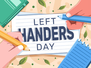 Celebrate Left Handers Day with a vector illustration featuring the hands of people writing together with their left hands on a book. Perfect for social media, awareness campaigns, web, 