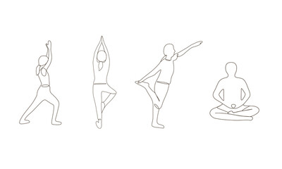 Modern line art of men and women doing different yoga poses. Health wellbeing balance lifestyle. sketch contour drawing silhouette. dancer pose, tree pose, natarajasana, meditate