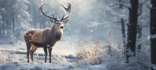 Noble Deer in a Snowy Winter Forest - Artistic Christmas Landscape