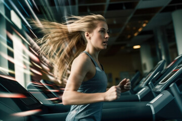 Obraz na płótnie Canvas creative portrait of athletic and sexy woman working out at gym on a treadmill. in motion details of woman running