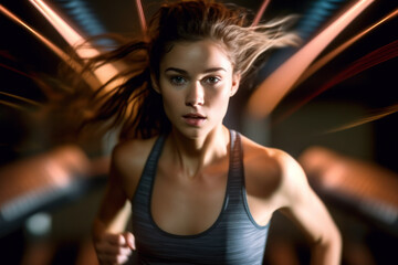 creative portrait of athletic and sexy woman working out at gym on a treadmill. in motion details of woman running