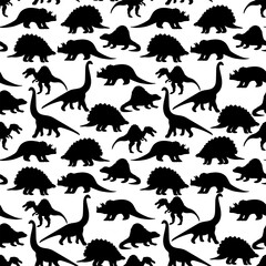 Vector dinosaurs silhouette black and white seamless pattern