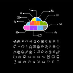 Cloud database computing infographics icons set, hosting server network and cloud service icons infographics, clouds computing electronics connection, isolated vector illustration on black background.