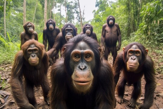 group of chimpanzee standing upright and looking attentively at the camera