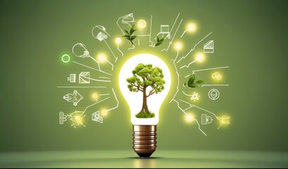 a light bulb inside which is growing a tree and connected to various environmental icons, in the style of light green and dark brown, eco concept