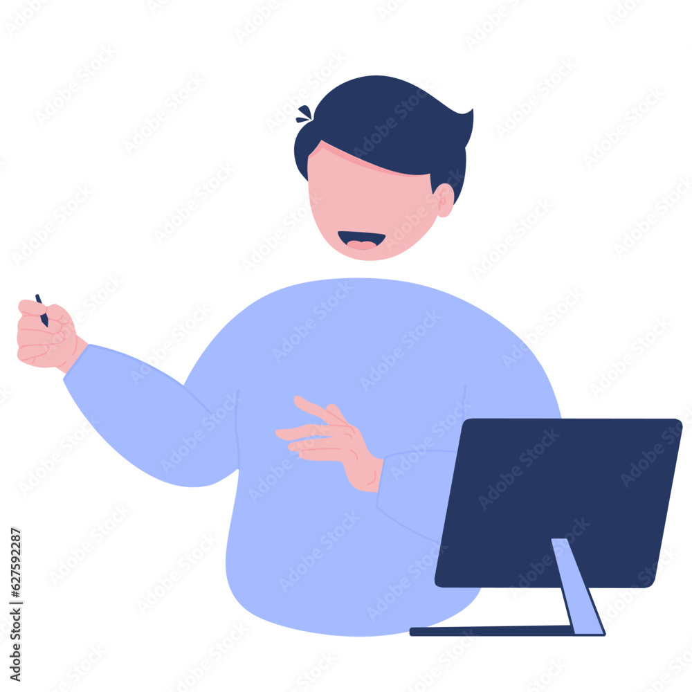 Poster illustration of man explaining in front of computer