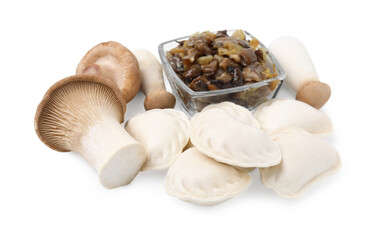 Raw dumplings (varenyky) and cooked mushrooms isolated on white