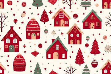 Seamless Christmas background with red houses, trees, small details, on white
