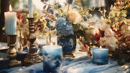 Fototapeta na wymiar still life flowers and candles. blue hydrangeas