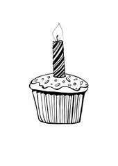 Cupcake with a candle. Doodle. Black line drawing. Cupcake with icing and sprinkles. A candle in a stripe. Isolated on white background.