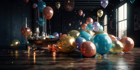  Interior of living room, apartment decorated balloons, lights, confetti. Celebration, holidays, anniversary. background for birthday party. Photo Zone.Generative Ai