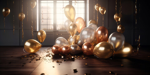  Interior of living room, apartment decorated balloons, lights, confetti. Celebration, holidays, anniversary. background for birthday party. Photo Zone.Generative Ai