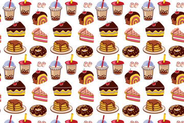 seamless pattern Pudding,Candy,popcorn, cupcakes pattern.Doodle vector. food icons,sweet elements background for menu,cafe shop. bedsheet, scrapbook, wrapping paper