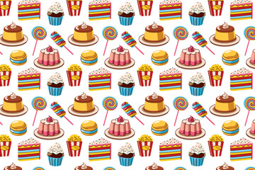 seamless pattern Pudding,Candy,popcorn, cupcakes pattern.Doodle vector. food icons,sweet elements background for menu,cafe shop. bedsheet, scrapbook, wrapping paper