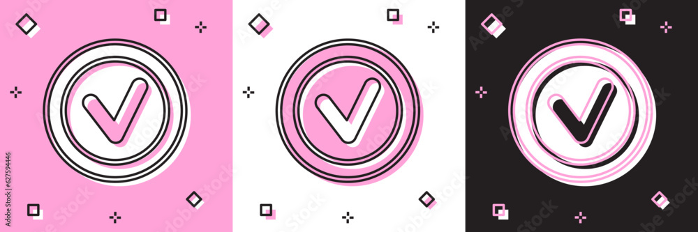 Poster set check mark in round icon isolated on pink and white, black background. check list button sign. v