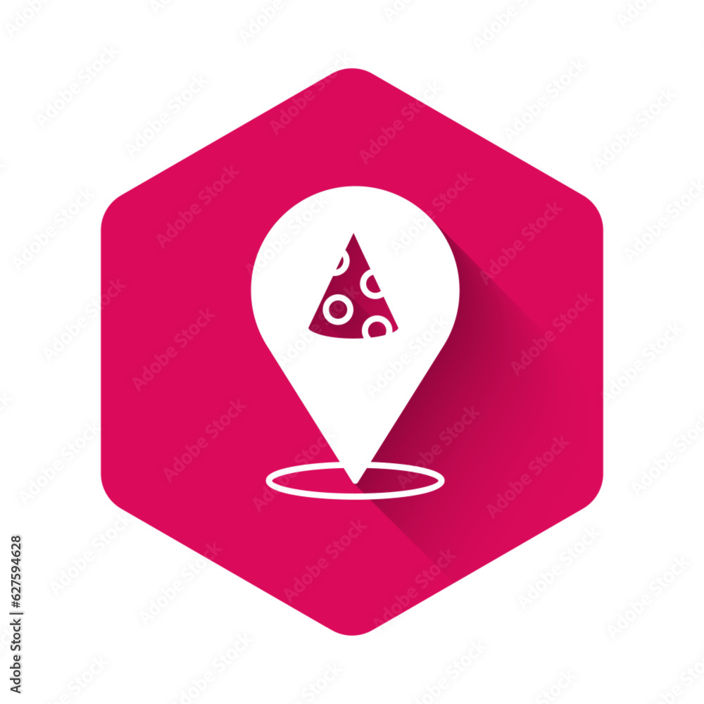 Poster white slice of pizza icon isolated with long shadow background. fast food menu. pink hexagon button.