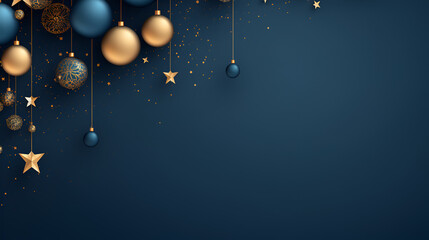 Christmas and New Year minimalistic background. Golden and blue Glass Balls hanging on ribbon on Navy blue background with copy space for text. The concept of Christmas and New Year holidays