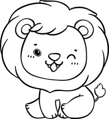 Cute and Innocent Baby Lion Cartoon Doodle Outline hand drawing
