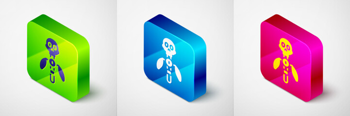 Isometric Magic staff icon isolated on grey background. Magic wand, scepter, stick, rod. Square button. Vector