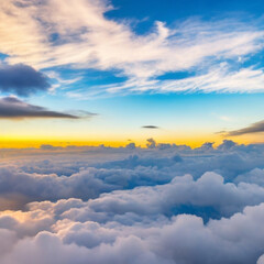 Dramatic white clouds and blue sky from airplane window view Colorful sunset cloudscape background. Generative AI