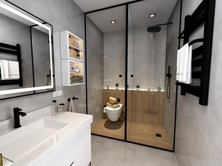 baño de casa de lujo con ducha y azulejos de diseño  - obrazy, fototapety, plakaty