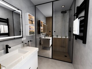 baño de casa de lujo con ducha y azulejos de diseño 