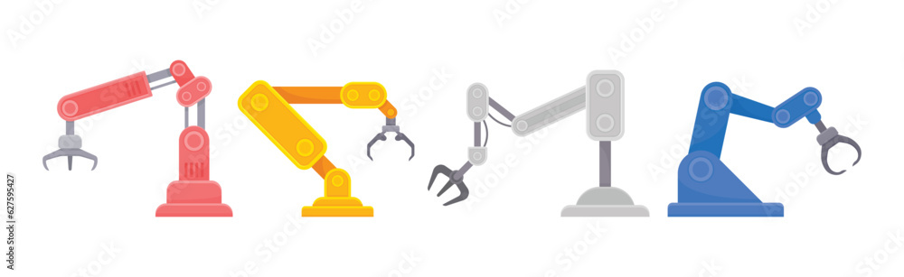 Poster robotic mechanical programmable arm with joints for industrial assembly operation vector set