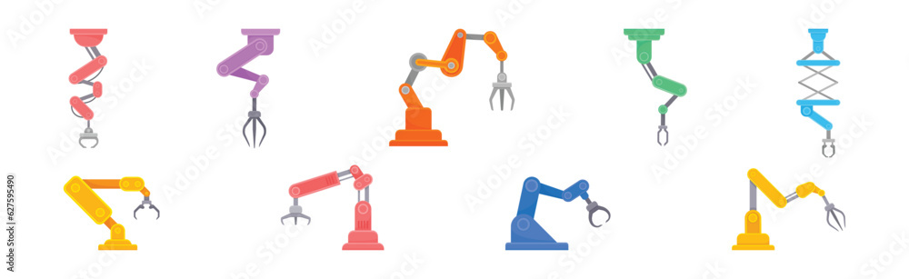 Poster robotic mechanical programmable arm with joints for industrial assembly operation vector set