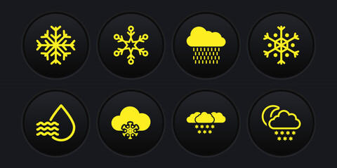 Set Water drop percentage, Snowflake, Cloud with snow, rain and icon. Vector
