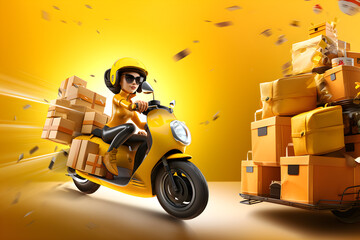 3D cartoon Delivery of food and goods by motorbike
