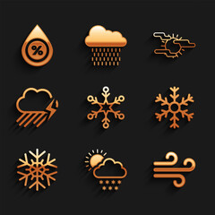Set Snowflake, Cloud with snow and sun, Wind, and rain lightning icon. Vector