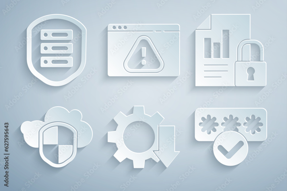 Poster set cost reduction, document and lock, cloud shield, password protection, browser with exclamation m