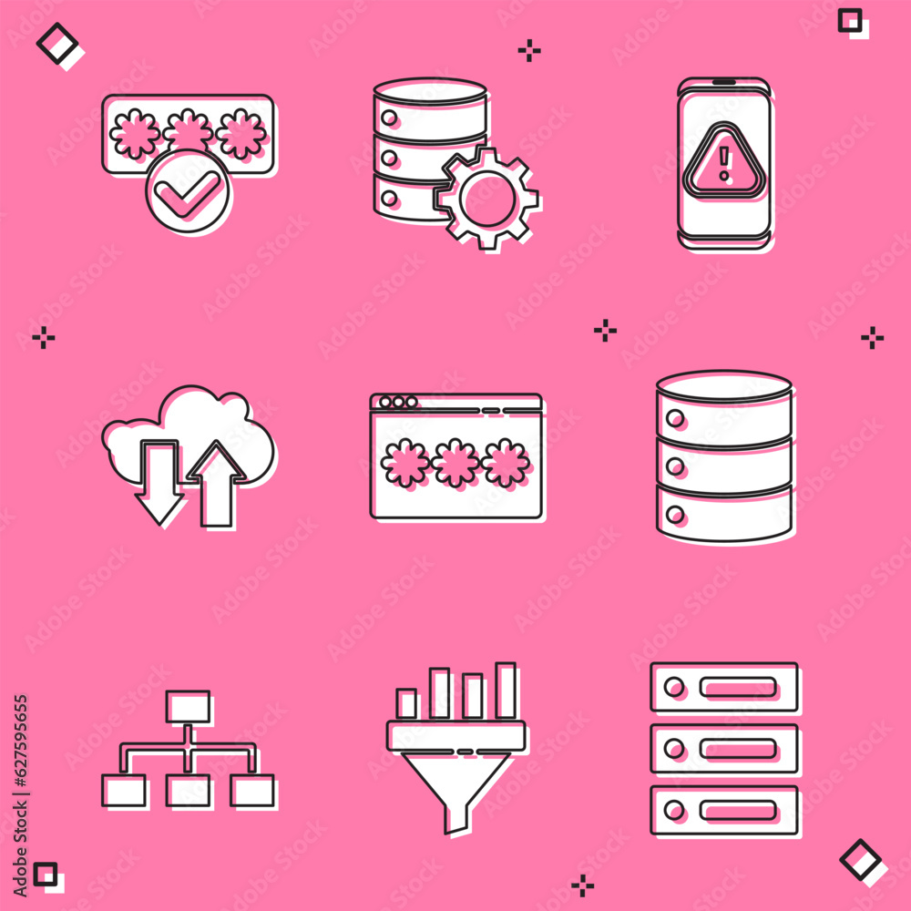 Poster set password protection, server and gear, mobile with exclamation mark, cloud download upload, serve